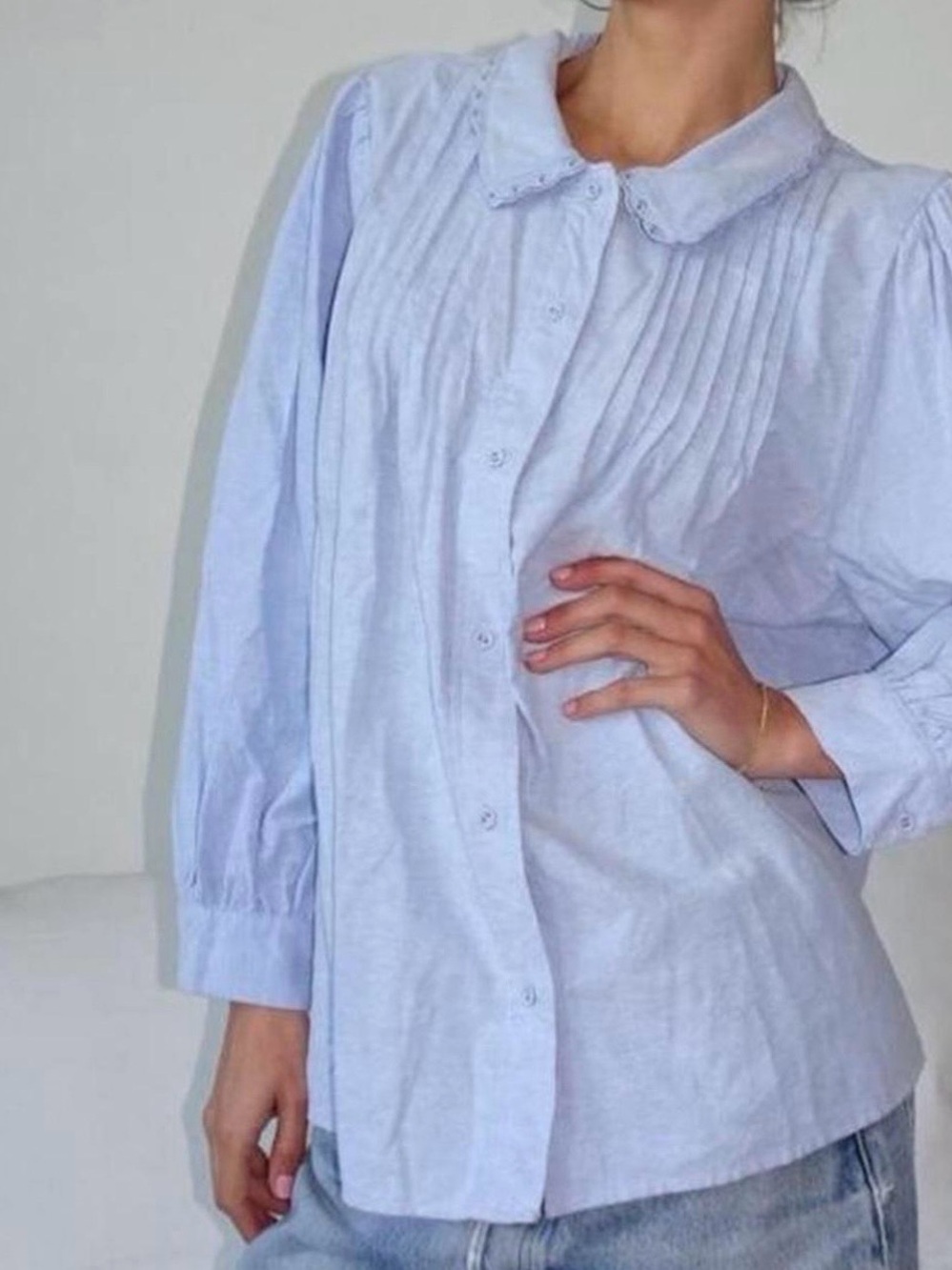 Light Blue Pintuck Collared Button-Up Blouse